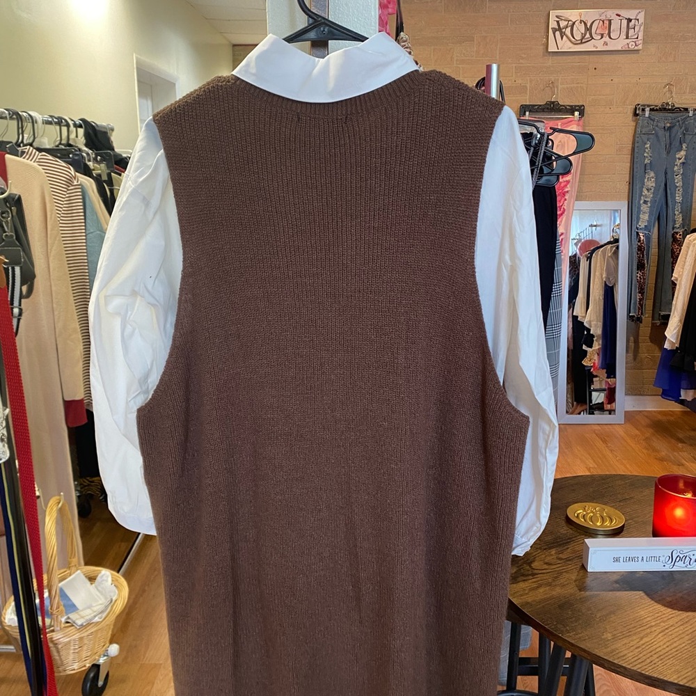 Hi-Low Brown Sweater Dress With White Shirt - Picture 10 of 10
